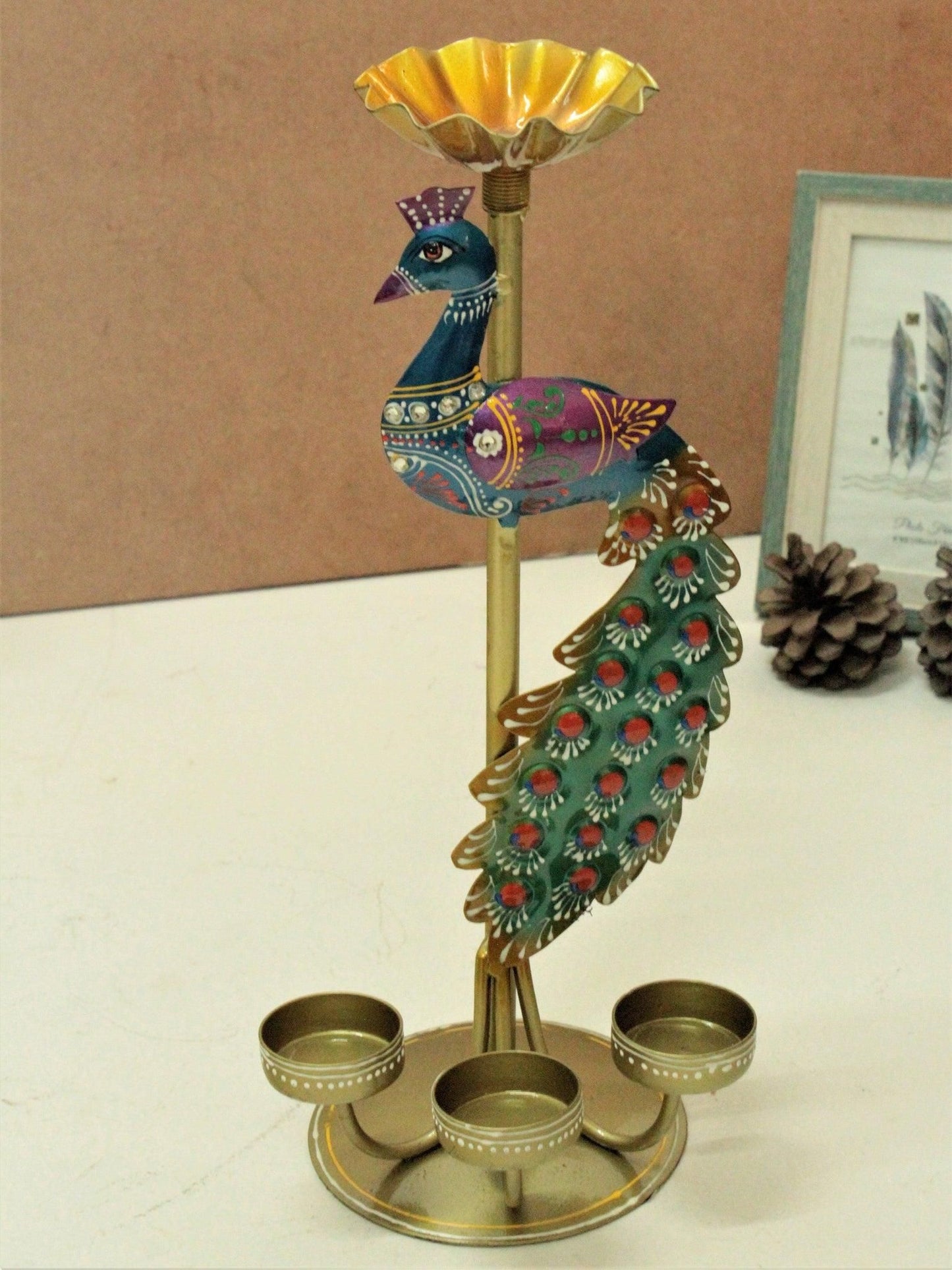 Peacock Metal T-Light Candelabra