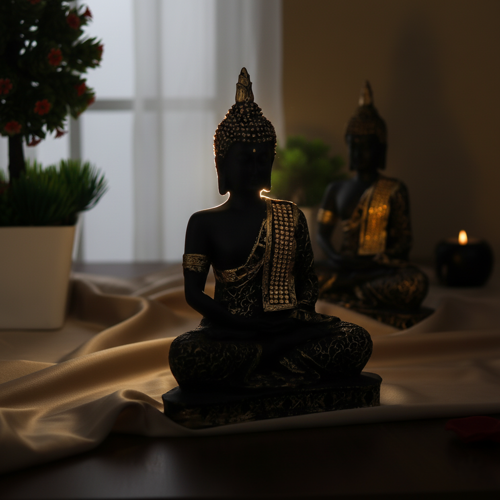 eCraftIndia Black and Golden Meditating Lord Buddha Handcrafted Decorative Showpiece